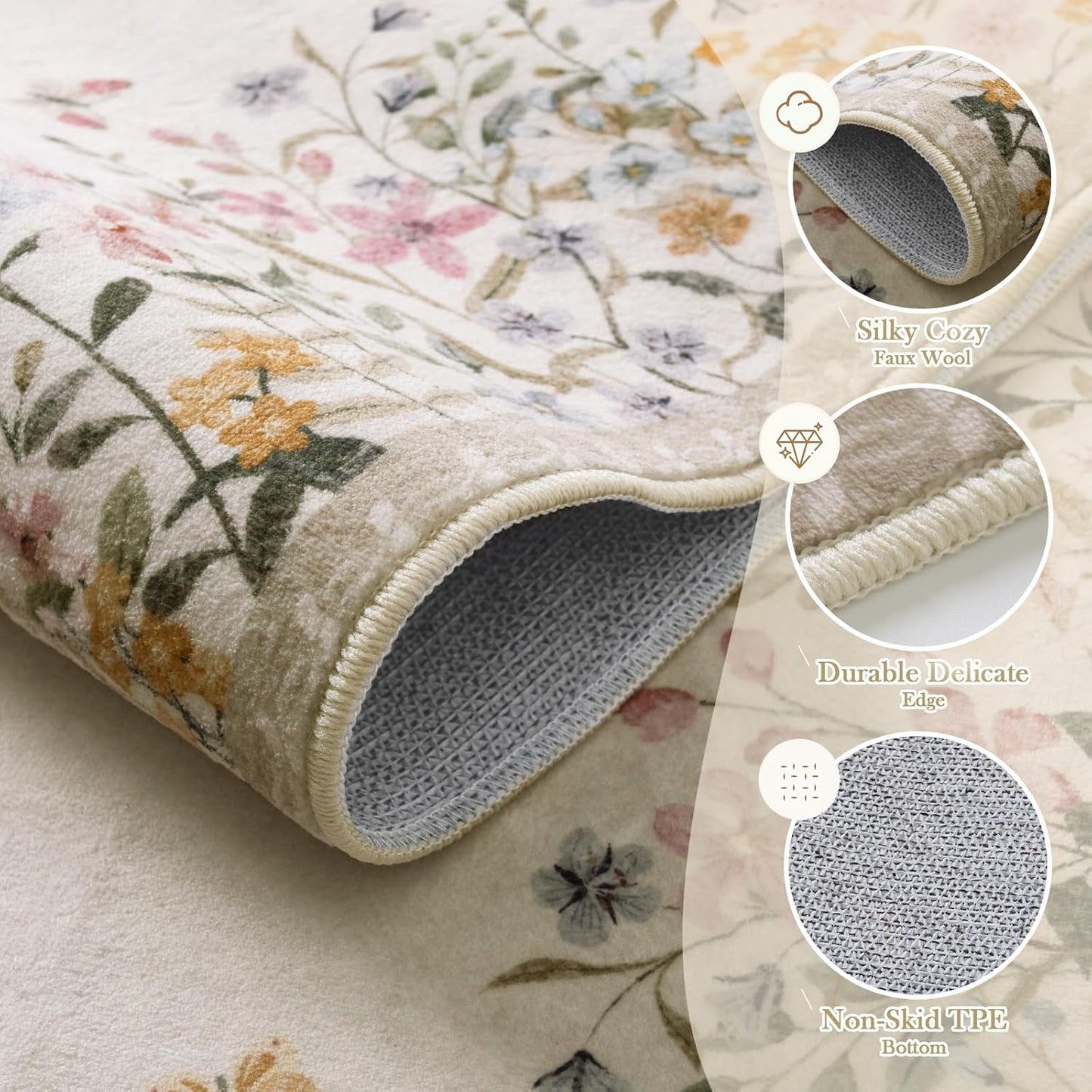 Alfombra bohemia floral lavable 9x12pulg dormitorio sala