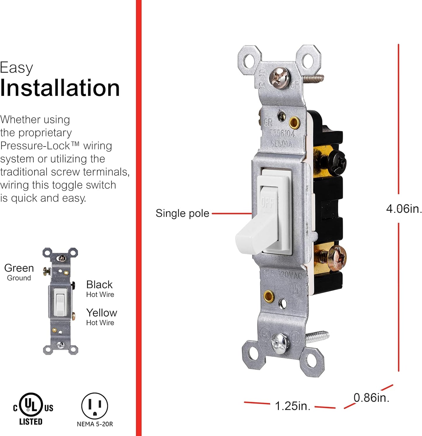 Interruptor palanca unipolar 15A para ventilador y luz pared