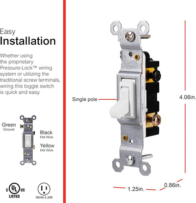 Interruptor palanca unipolar 15A para ventilador y luz pared