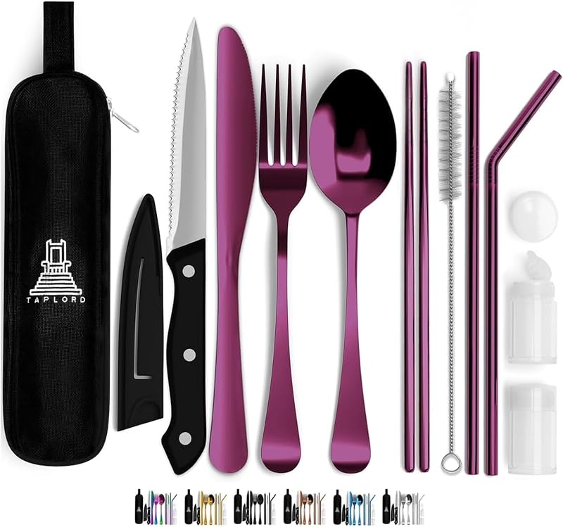 Set 10 Pzas Cubiertos Acero Inox Viaje Estuche Morado