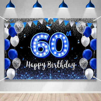 Telón fiesta cumpleaños 60 años azul negro con luz neón