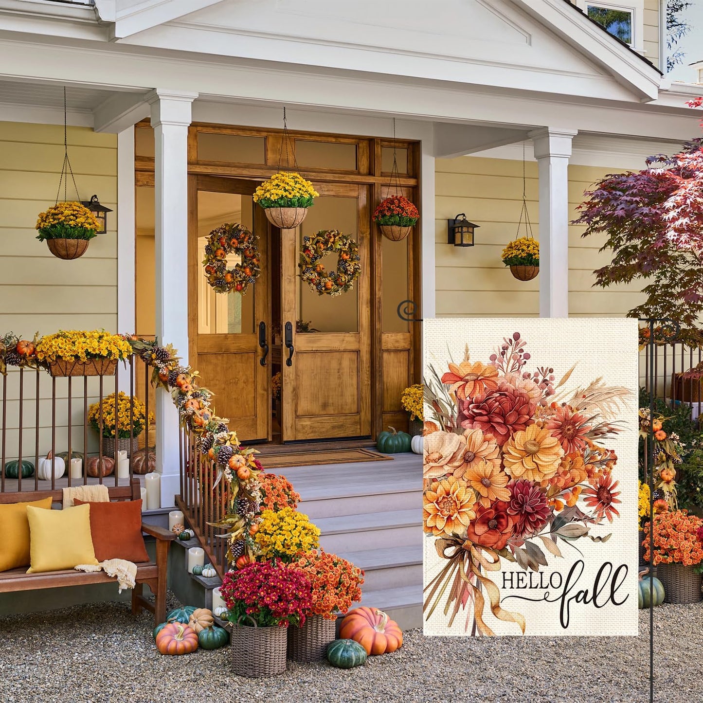 Bandera jardín floral 12x18pulg doble cara hello fall