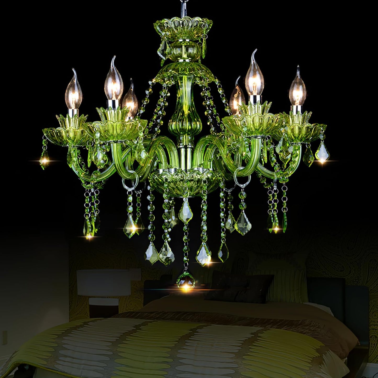 Lámpara colgante de 6 luces cristal K9 verde tipo vela