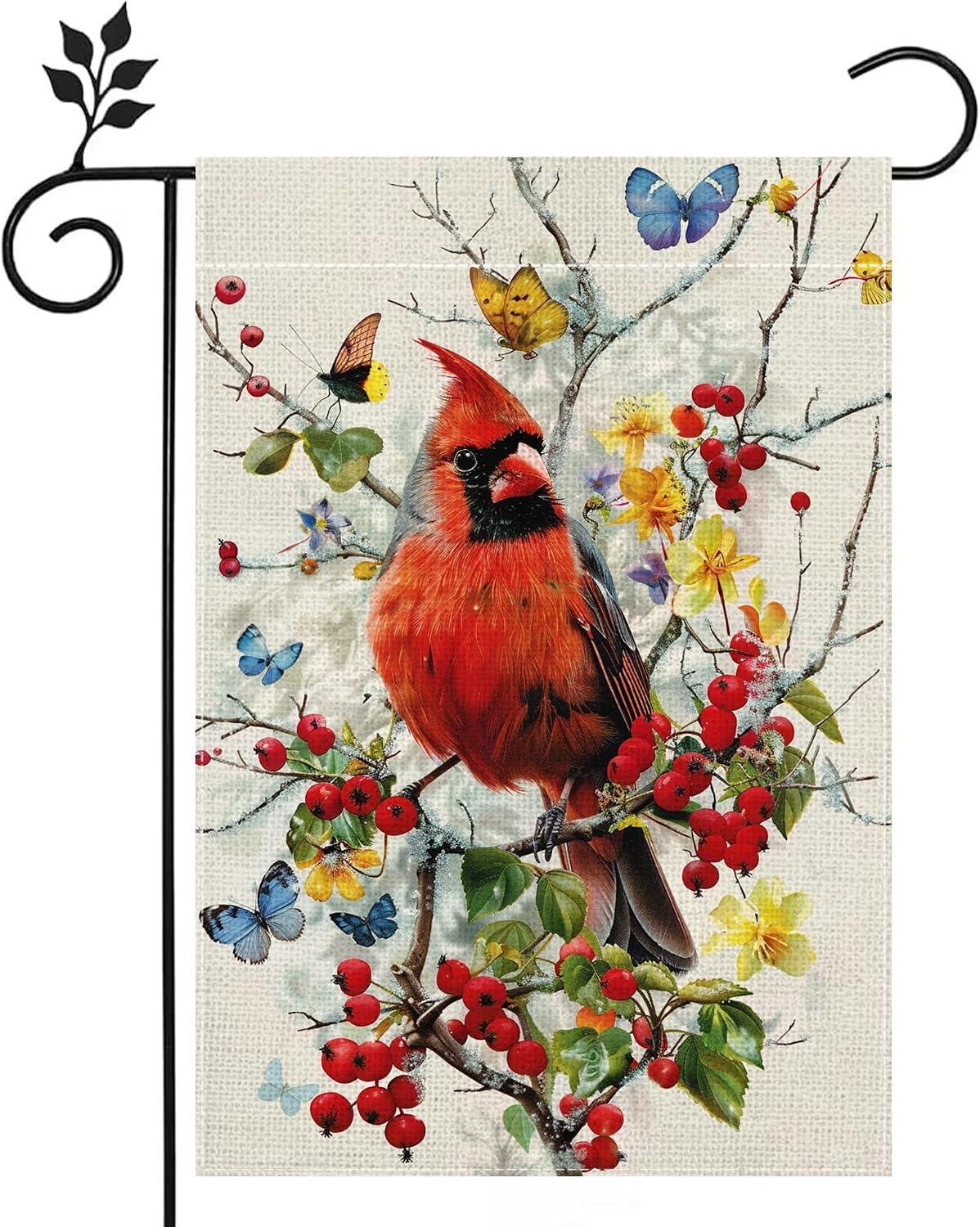 Bandera jardín primavera cardenal flores mariposa 12x18pulg