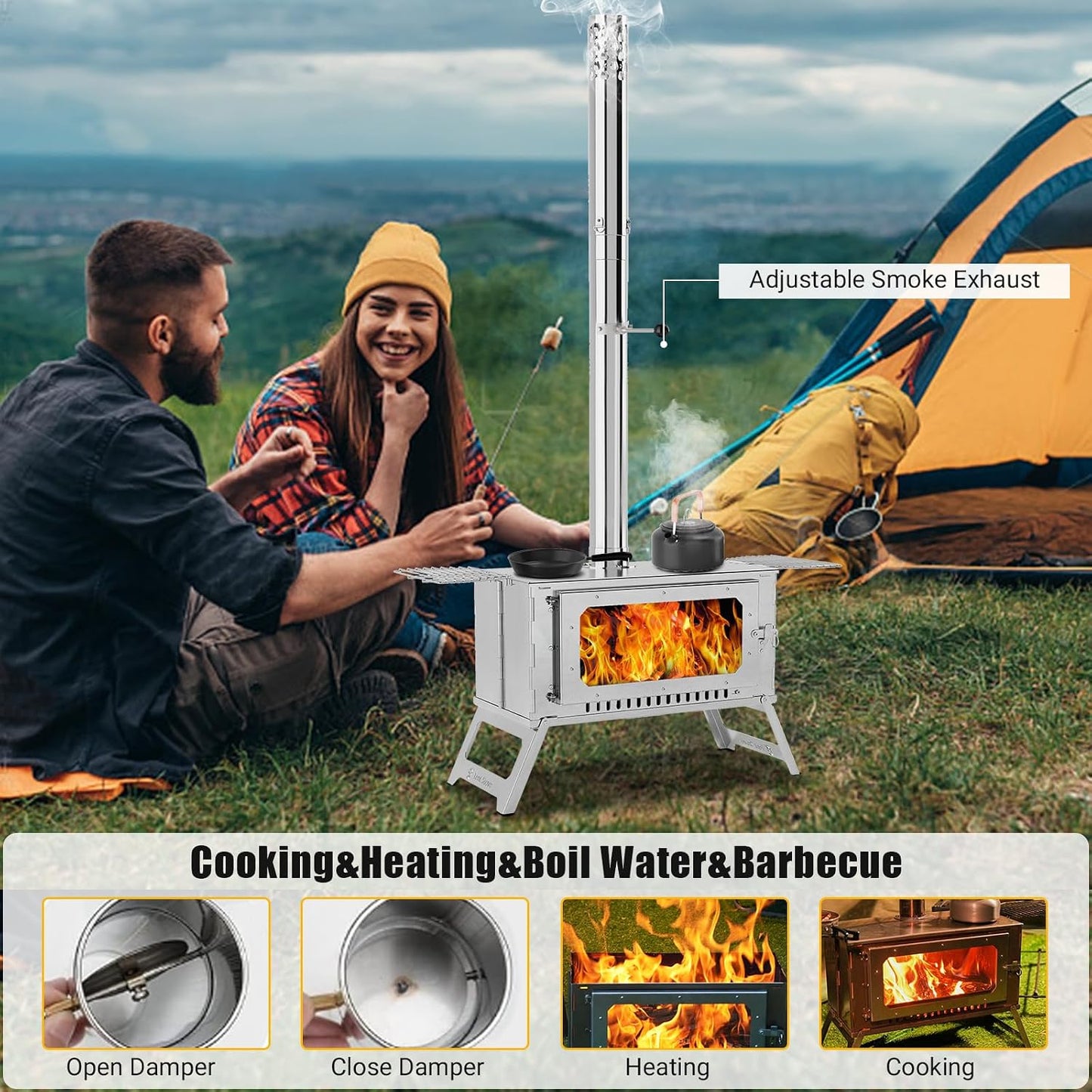 Estufa portátil acampar acero inox 5 tubos chimenea