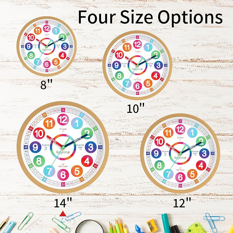 Reloj pared niños aprendizaje analógico colorido silencioso