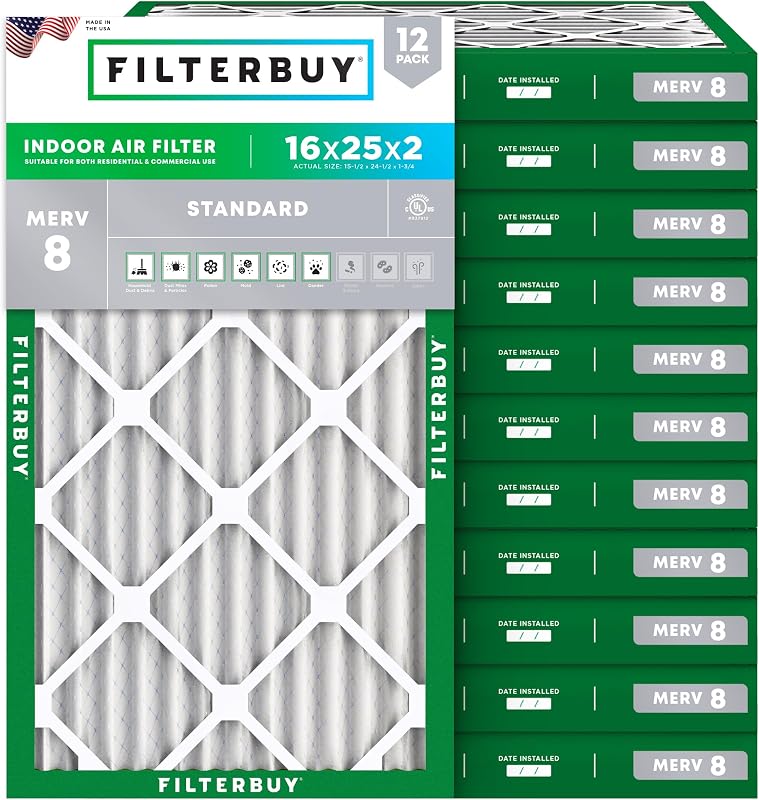Filtro aire MERV 8 plisado HVAC 16x25x2 pack 12