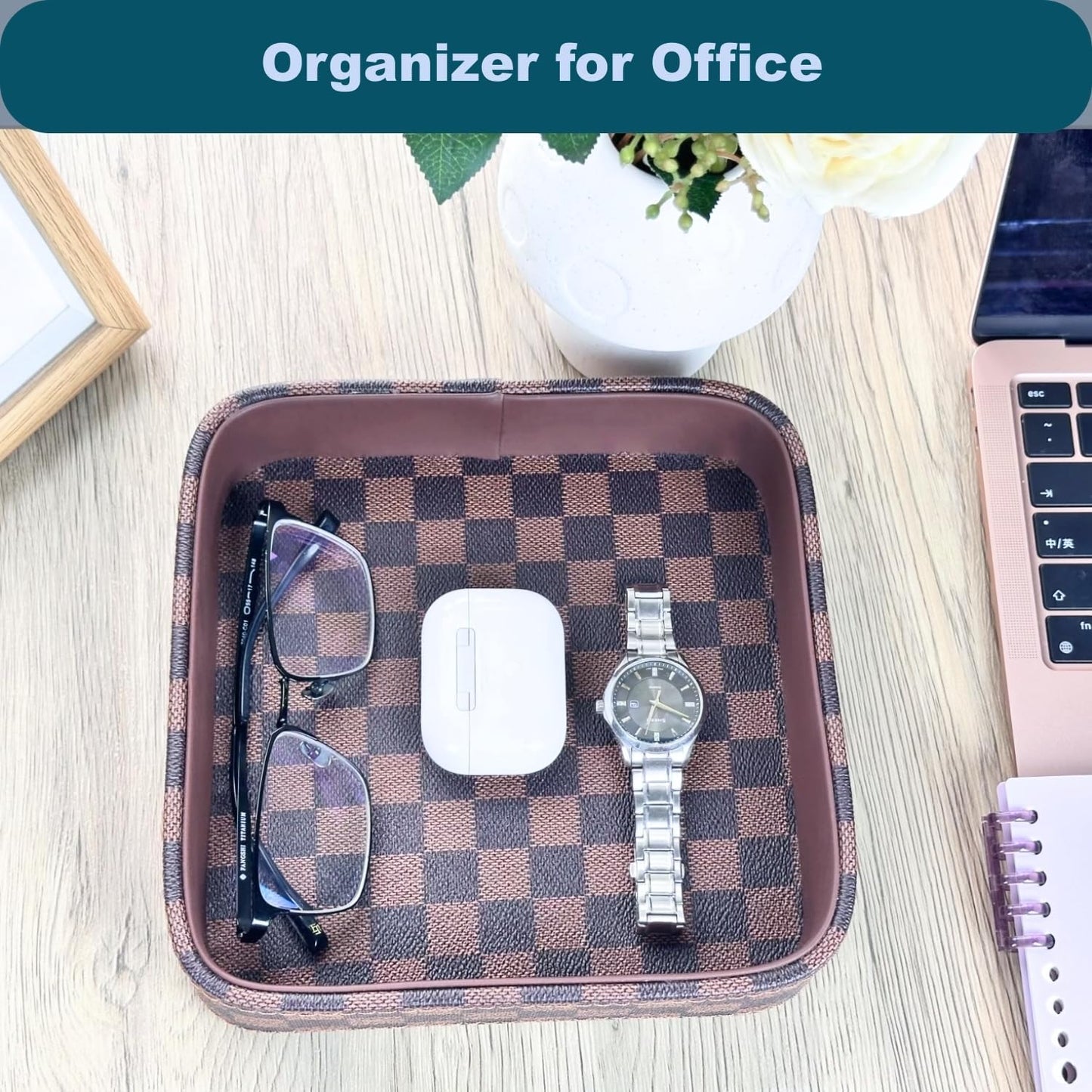 Bandeja valet cuero con interior madera para hombres