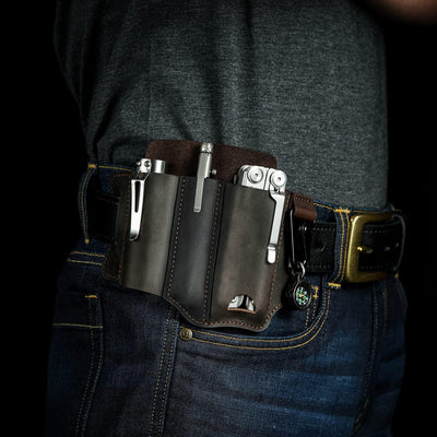 Funda cuero EDC multiherramienta linterna cinturón marrón