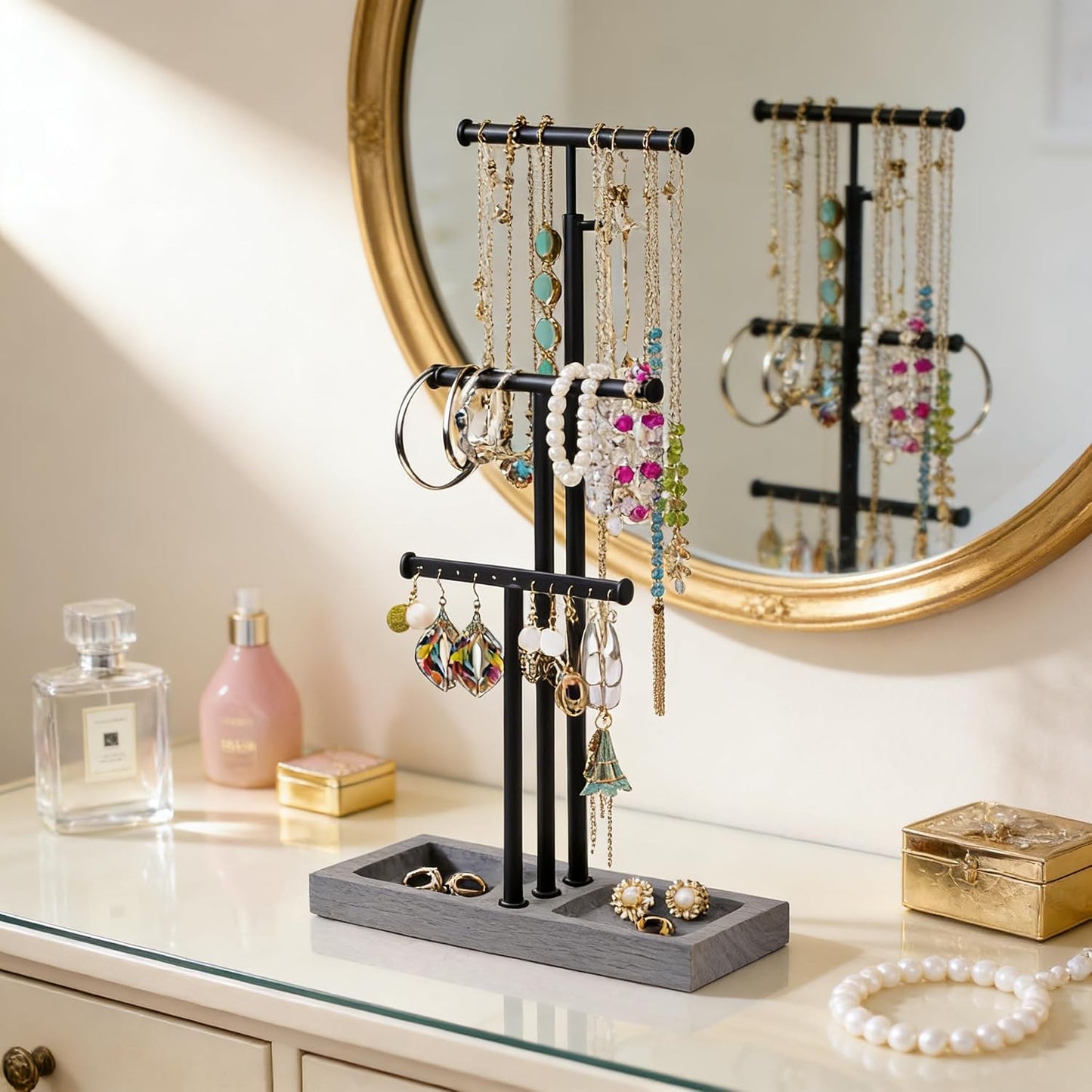 Organiz. joyas soporte metal base madera grande negro gris