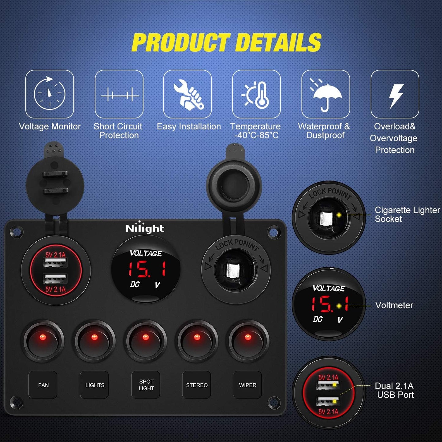 Interruptor basculante 5 posiciones USB dual 12V para RV