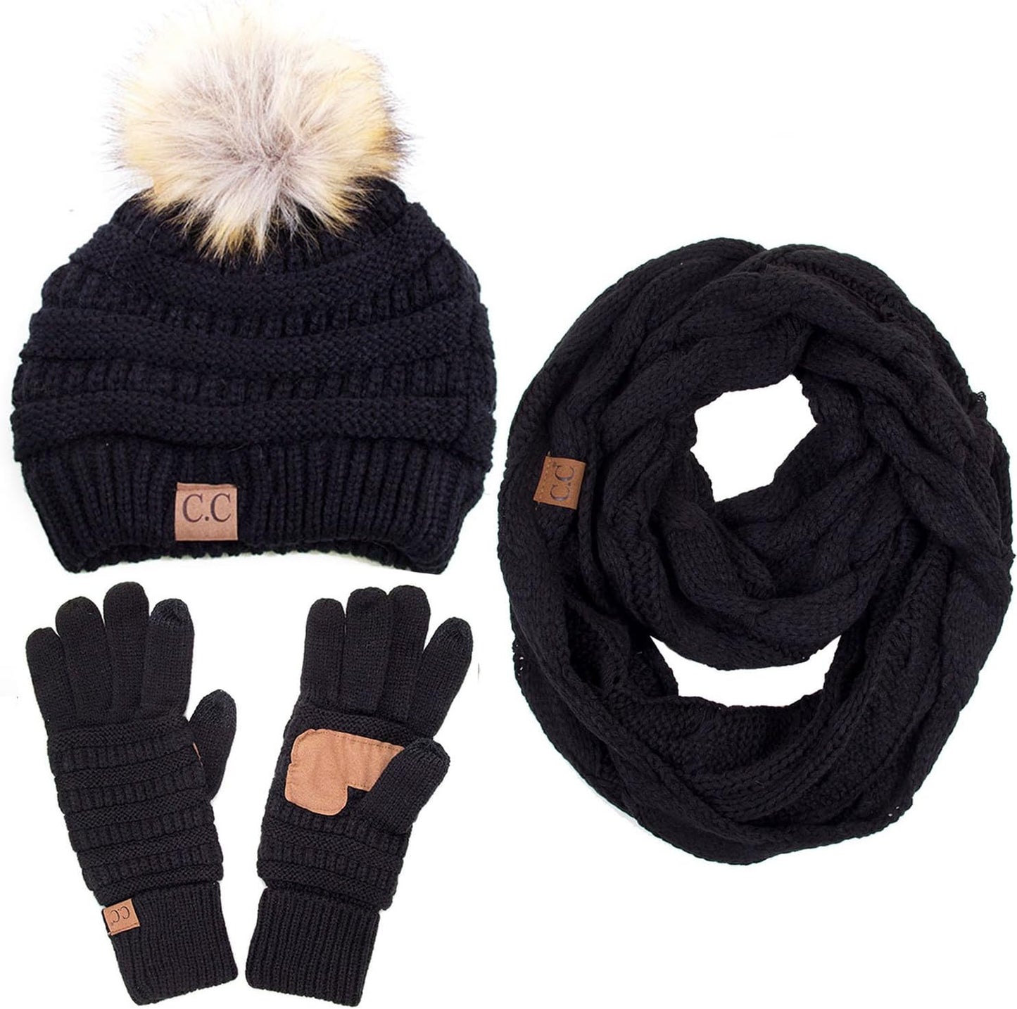 Set 3 Pzas Gorro Pompón Bufanda Guantes Trenzados Abrigados