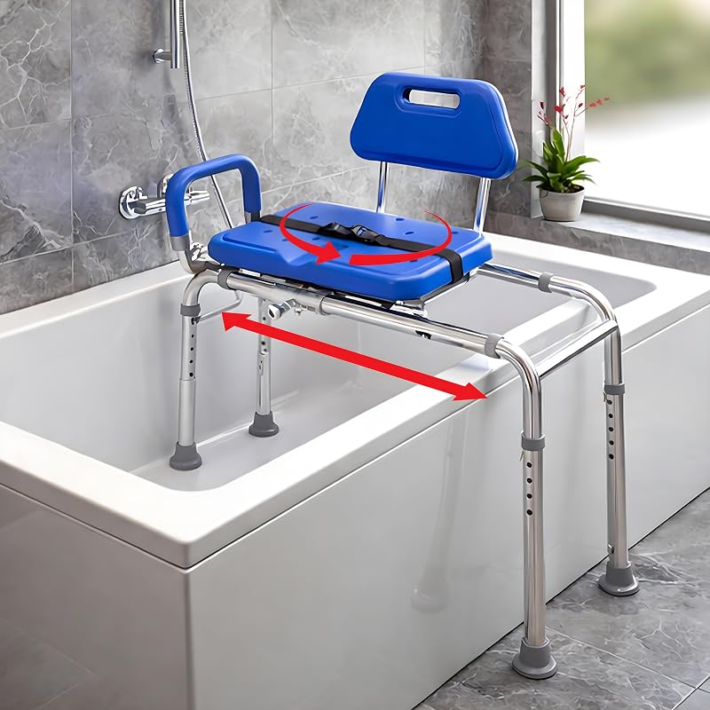 Bañera deslizable con asiento giratorio acolchado azul