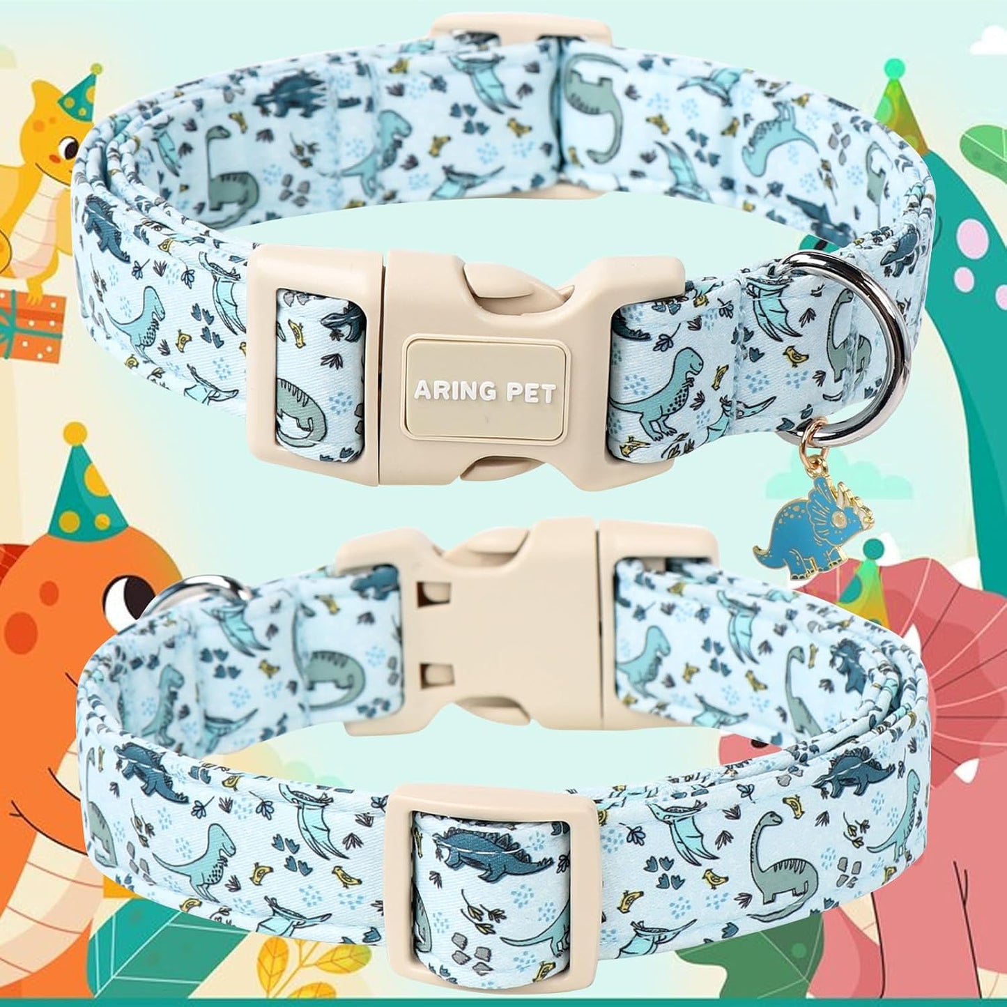 Collar perro azul con hebilla rápida S dinosaurio