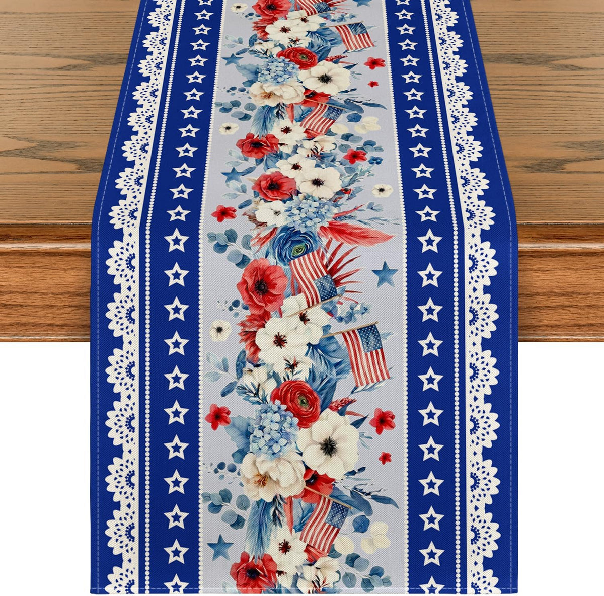 Camino de mesa con bandera estadounidense amapola azul 4 de julio Día de los Caídos 13 x 72 pulgadas