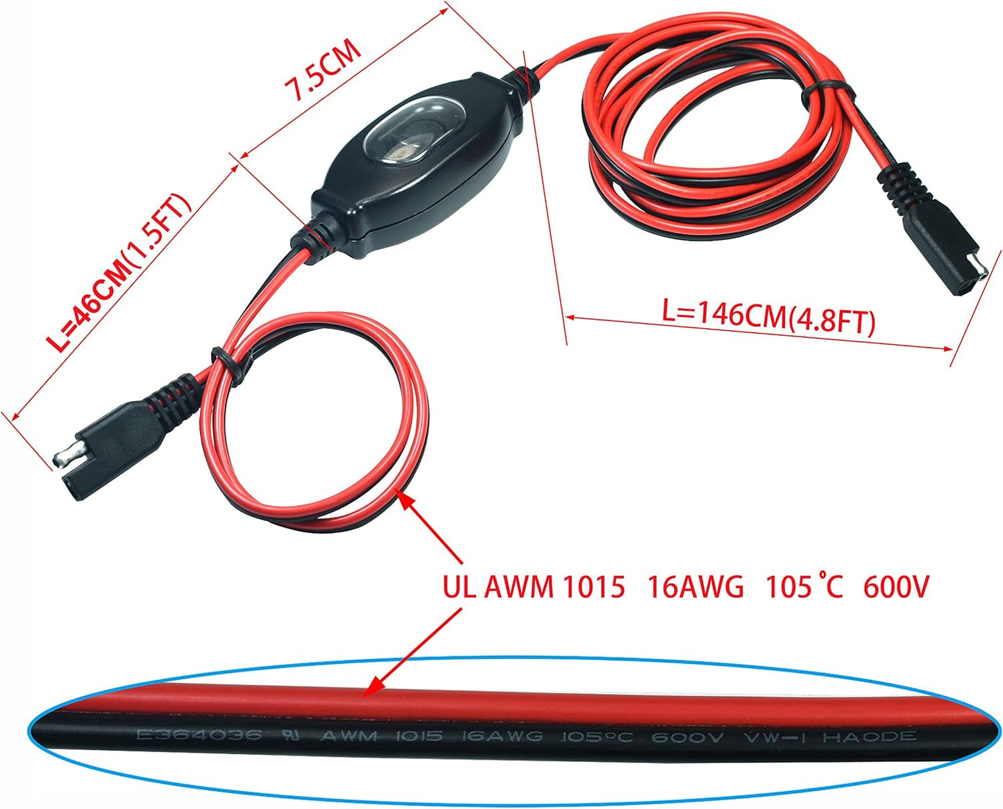 Adaptador SAE 12V con interruptor impermeable 6.6pies