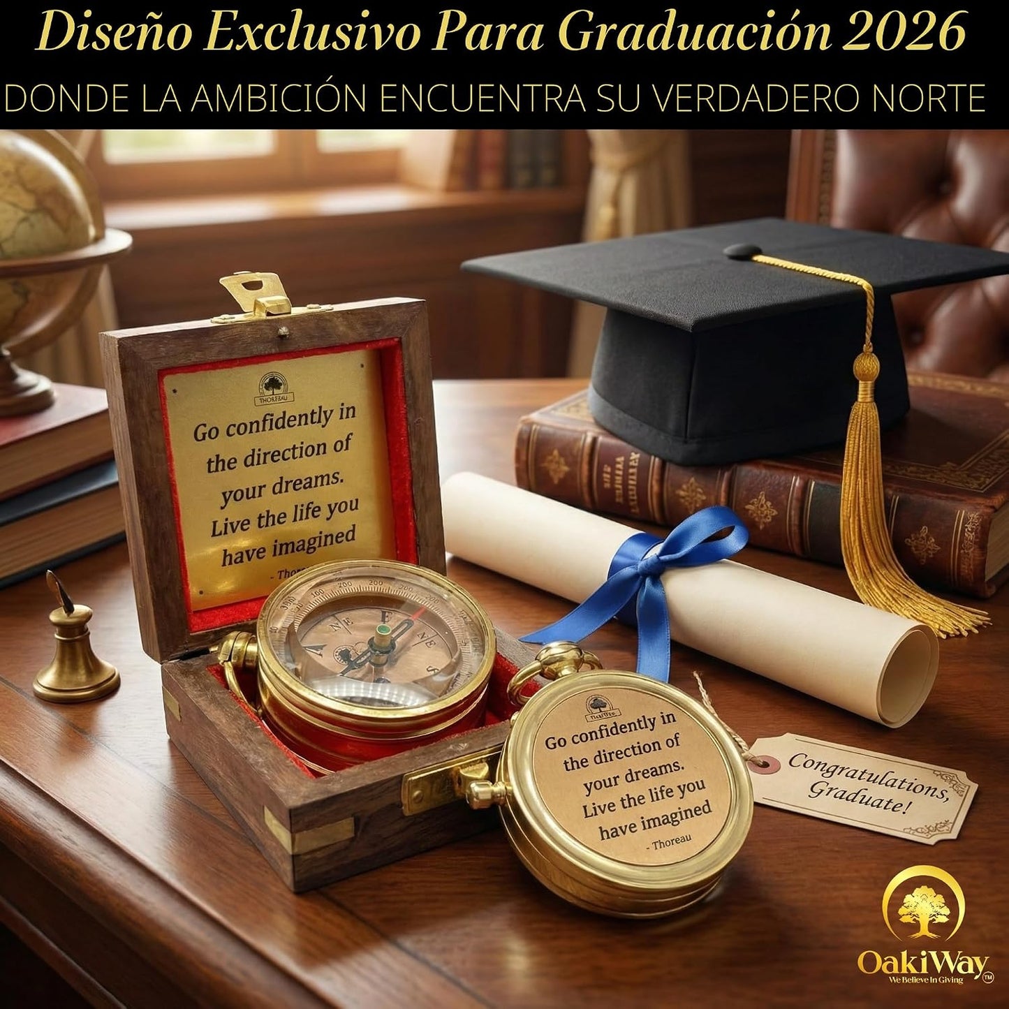 Brújula en caja madera regalo graduación 2025 para niños