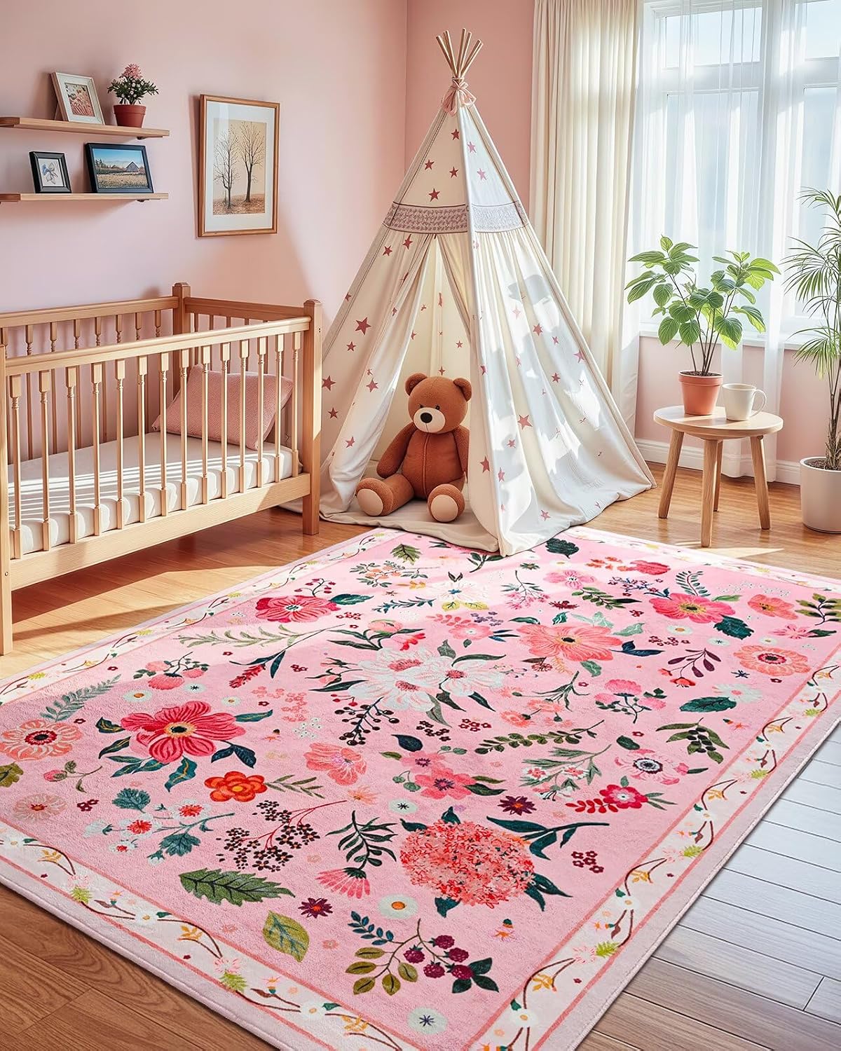 Alfombra floral rosa 5x7pulg sala dormitorio niña