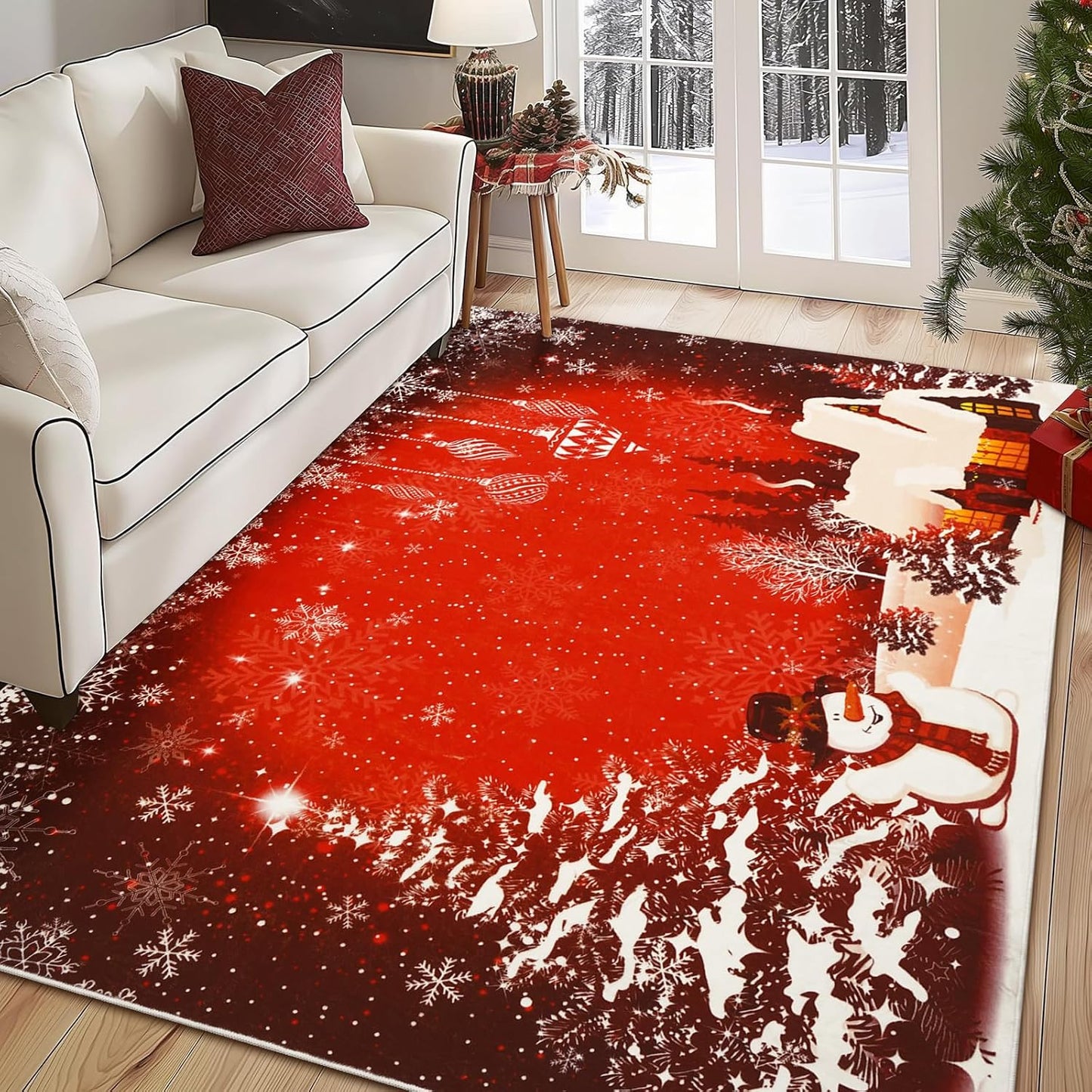 Tapete navideño 5x7ft rojo con muñeco de nieve antiderrap