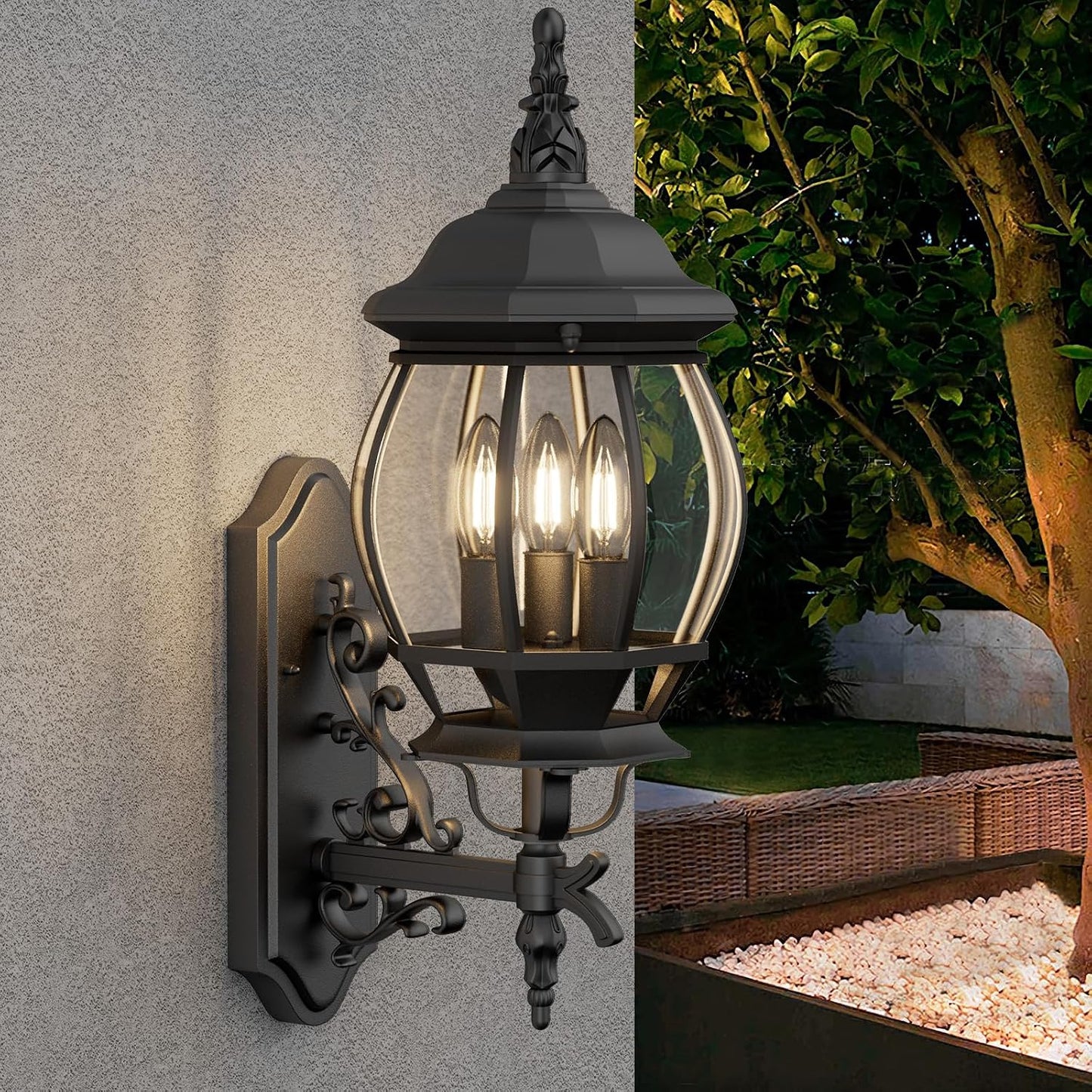 Farol pared exterior 3 luces impermeable negro