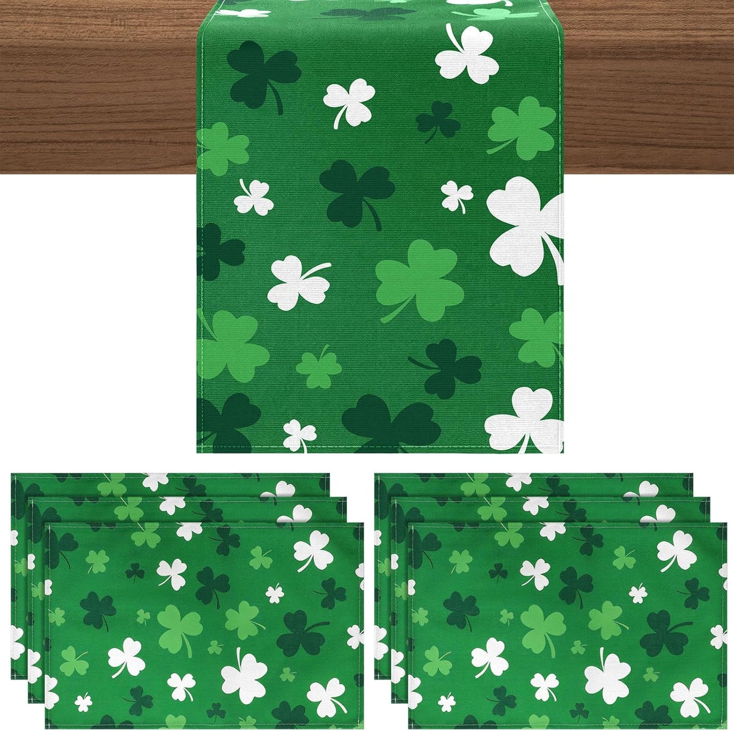Juego de 7 manteles individuales y camino de mesa de trébol verde para San Patricio