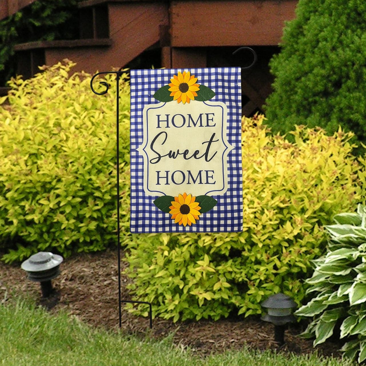 Bandera jardín arpillera cuadros azules girasoles