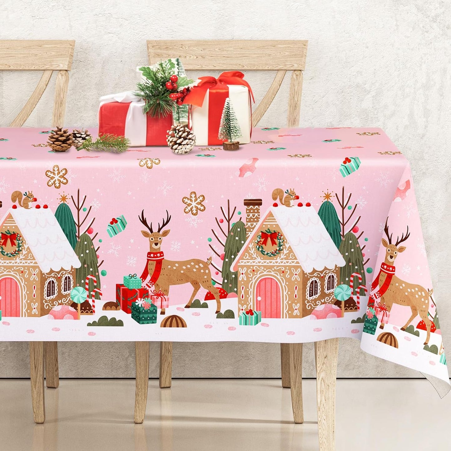 Mantel Navidad rosa diseño casa jengibre reno 60x84pulg