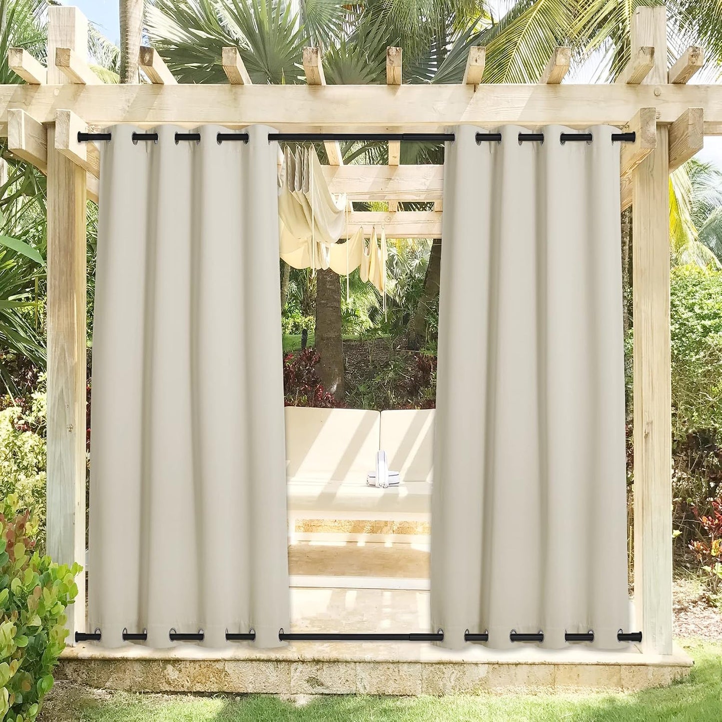2 Cortinas impermeables beige para exteriores con ojales inox