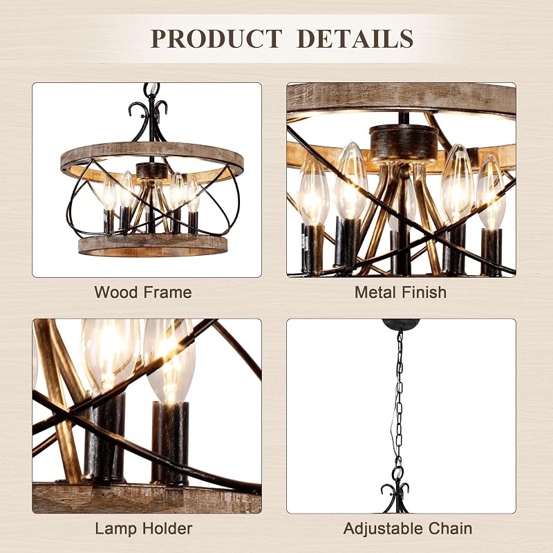 Lámpara araña madera country 5 luces para sobre mesa comedor