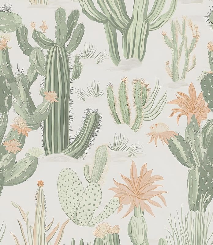 Papel tapiz cactus autoadhesivo beige y verde 17.5x118pulg