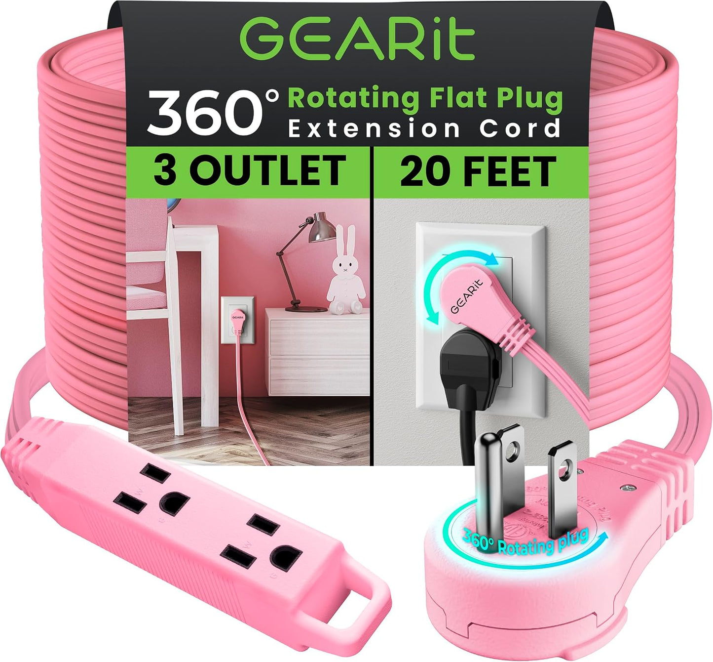 Cable extensión enchufe plano giratorio 3 tomacorrientes 20ft rosa