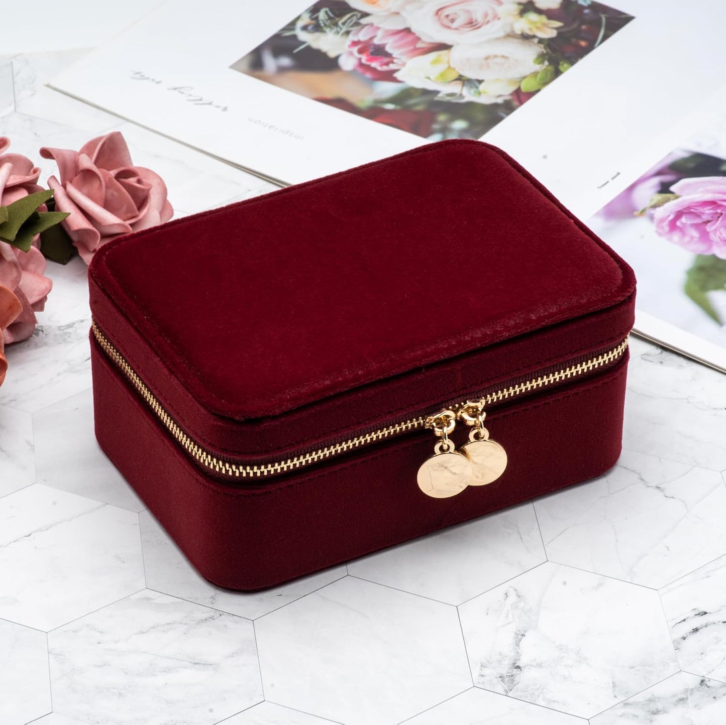Estuche terciopelo joyas viaje con cremallera rojo