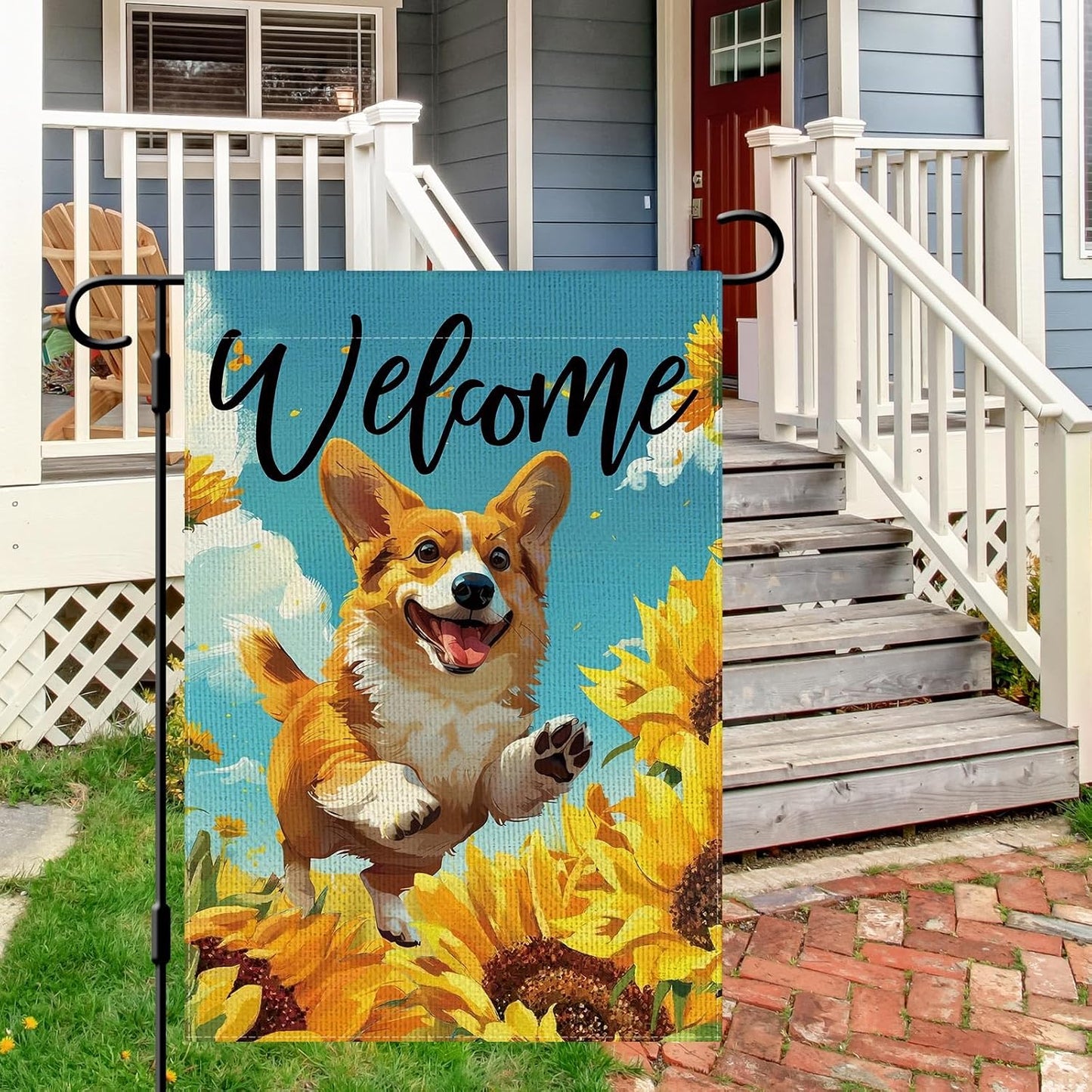 Bandera jardín corgi girasol 12x18pulg doble cara arpillera