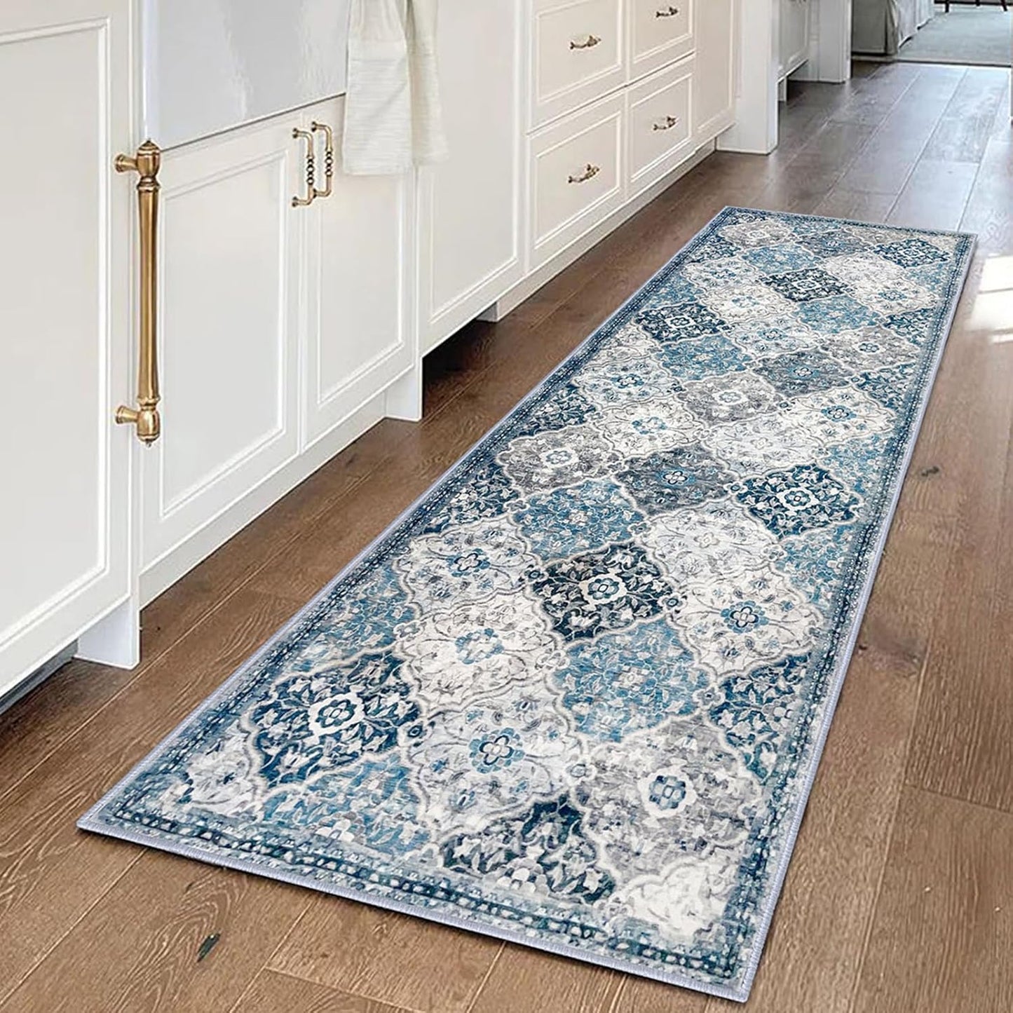 Alfombra Marroquí 2x6ft Azul Multicolor Antiderrap