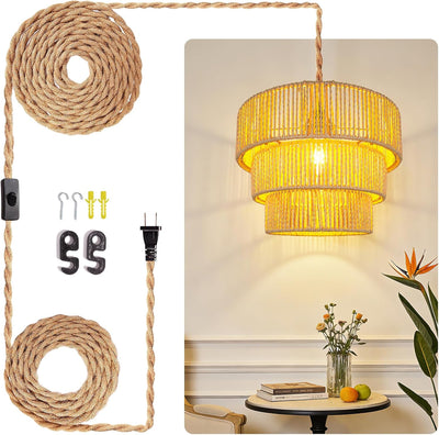 Lámpara colgante rattan con cordón para salón dormitorio cocina