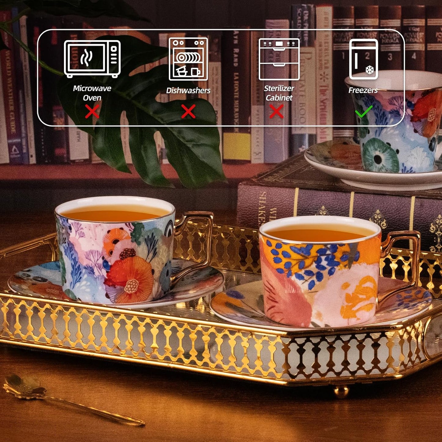 Set 2 Tazas Té y Platillos Cerámica 8.5oz Expreso Apilables