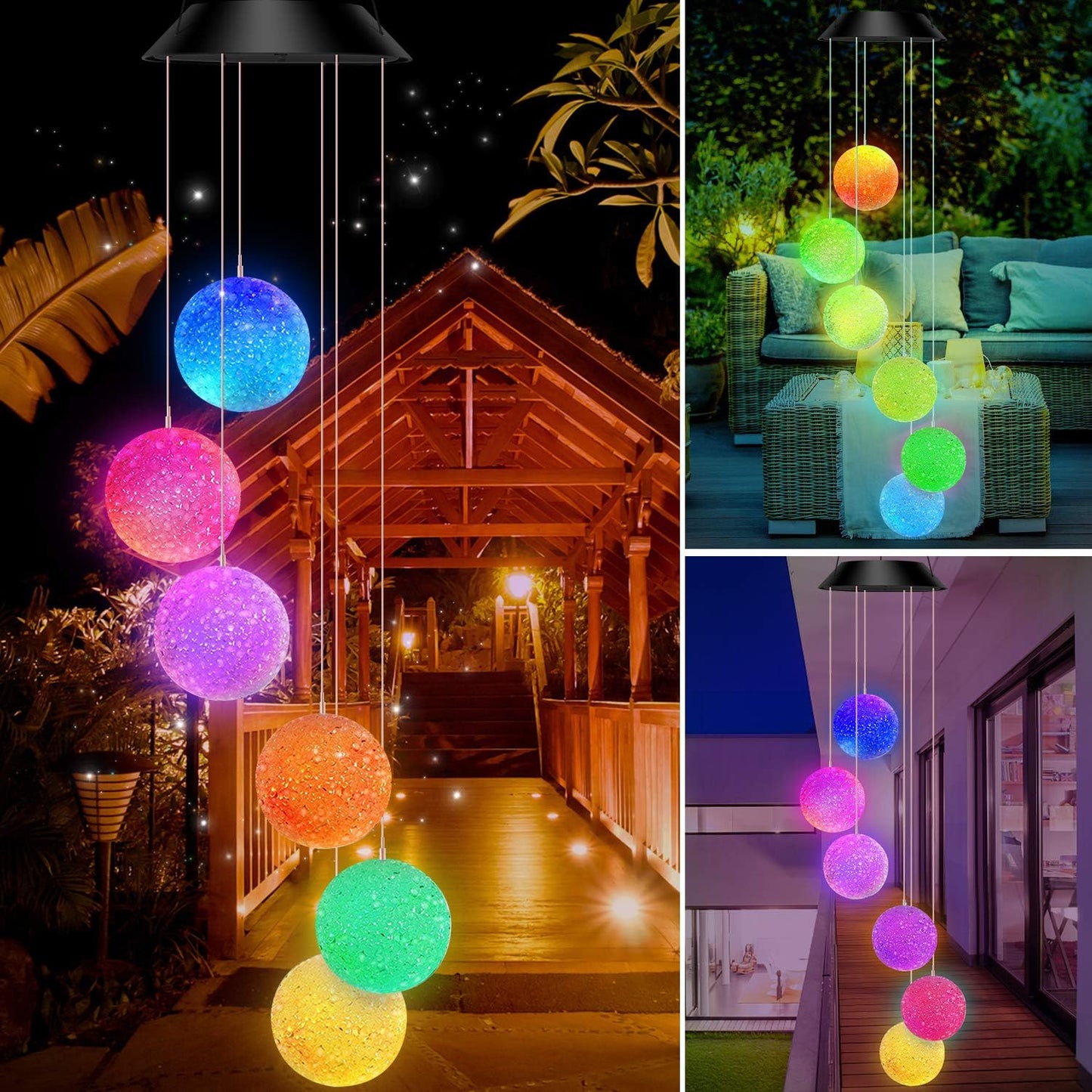 Campanas viento solares con LED impermeables para patio jardín