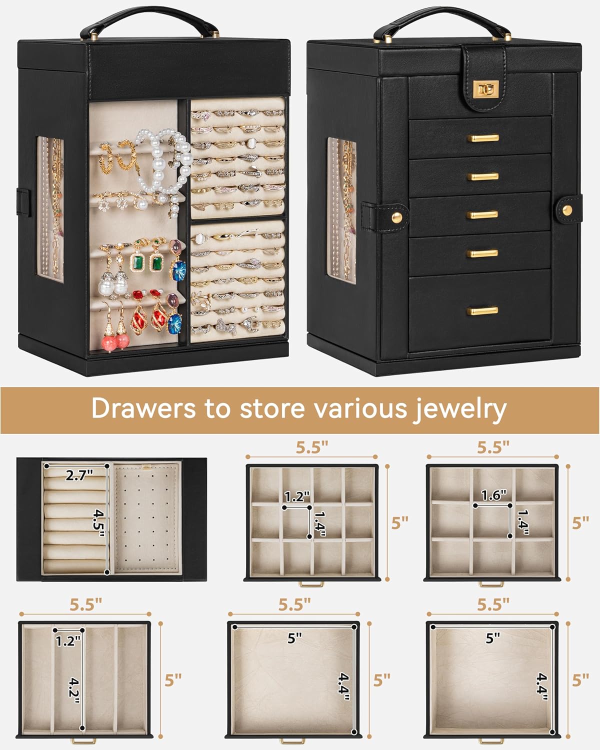 Caja organizadora joyería 6 niveles con espejo para mujer