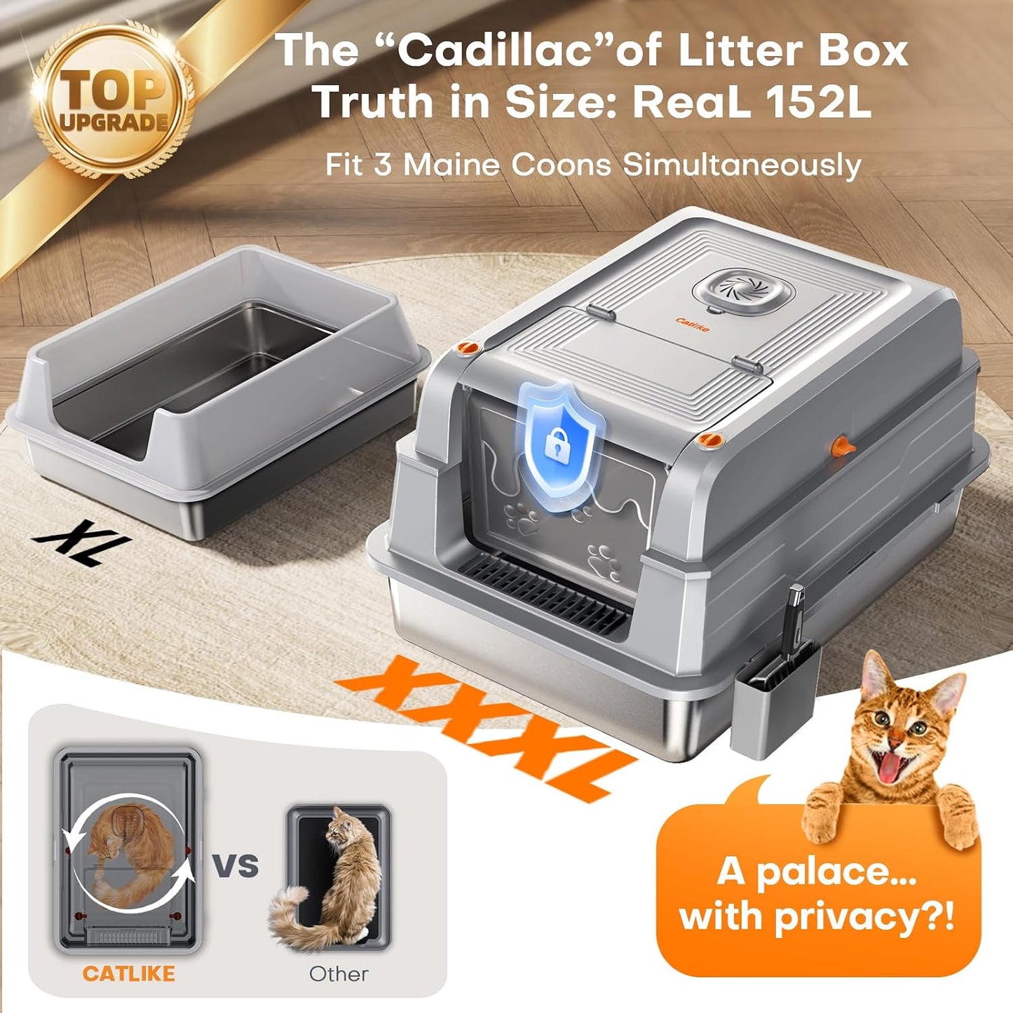 Caja arena acero inox 152l 3 capas filtro carbón para gatos