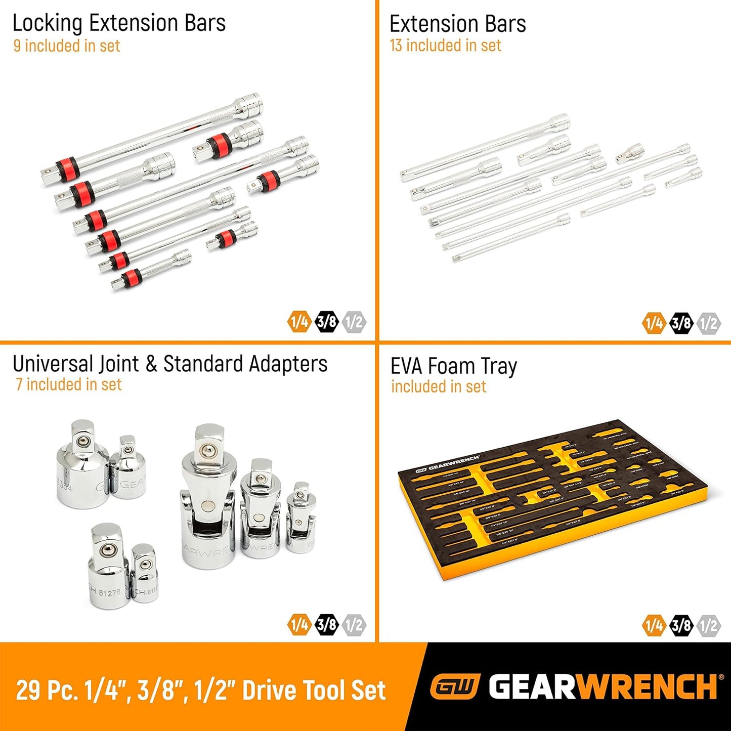 Set 29 accesorios herramientas 1/4 3/8 1/2 con bandeja foam