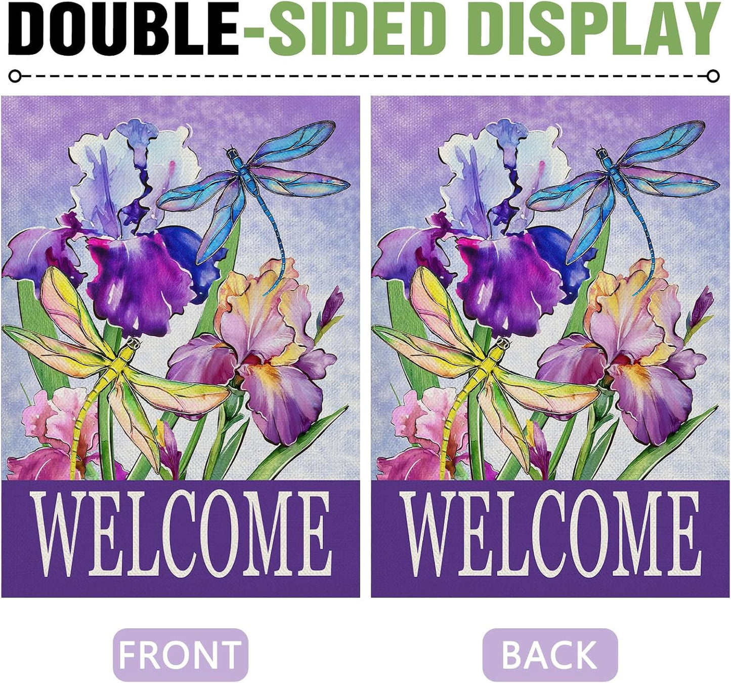 Bandera jardín decorativa flores iris libélula morada