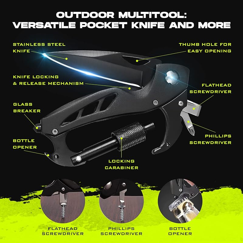 Mosquetón cuchillo EDC supervivencia rompecristales negro