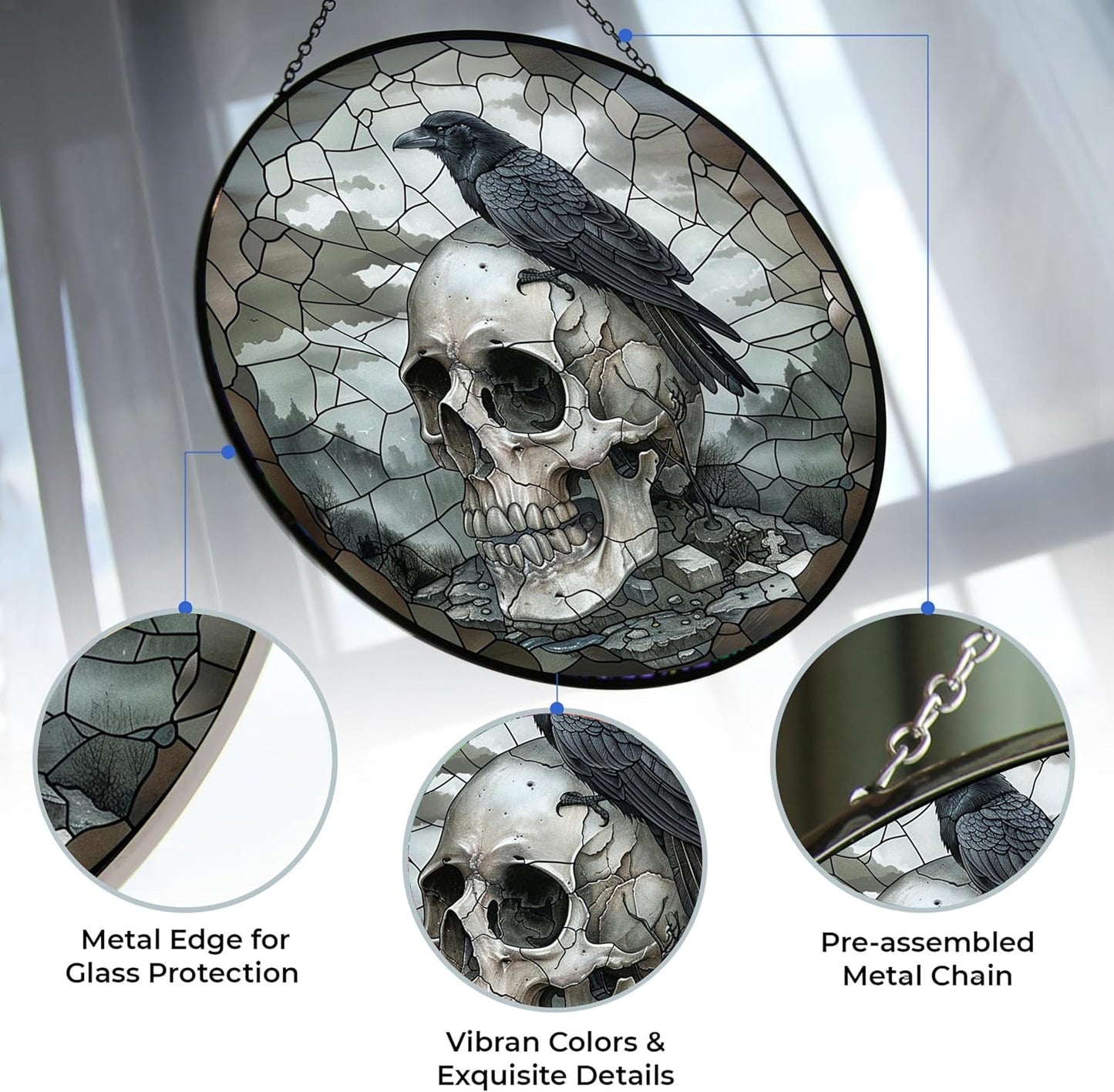 Atrapasol calavera cuervo cristal emplomado metal