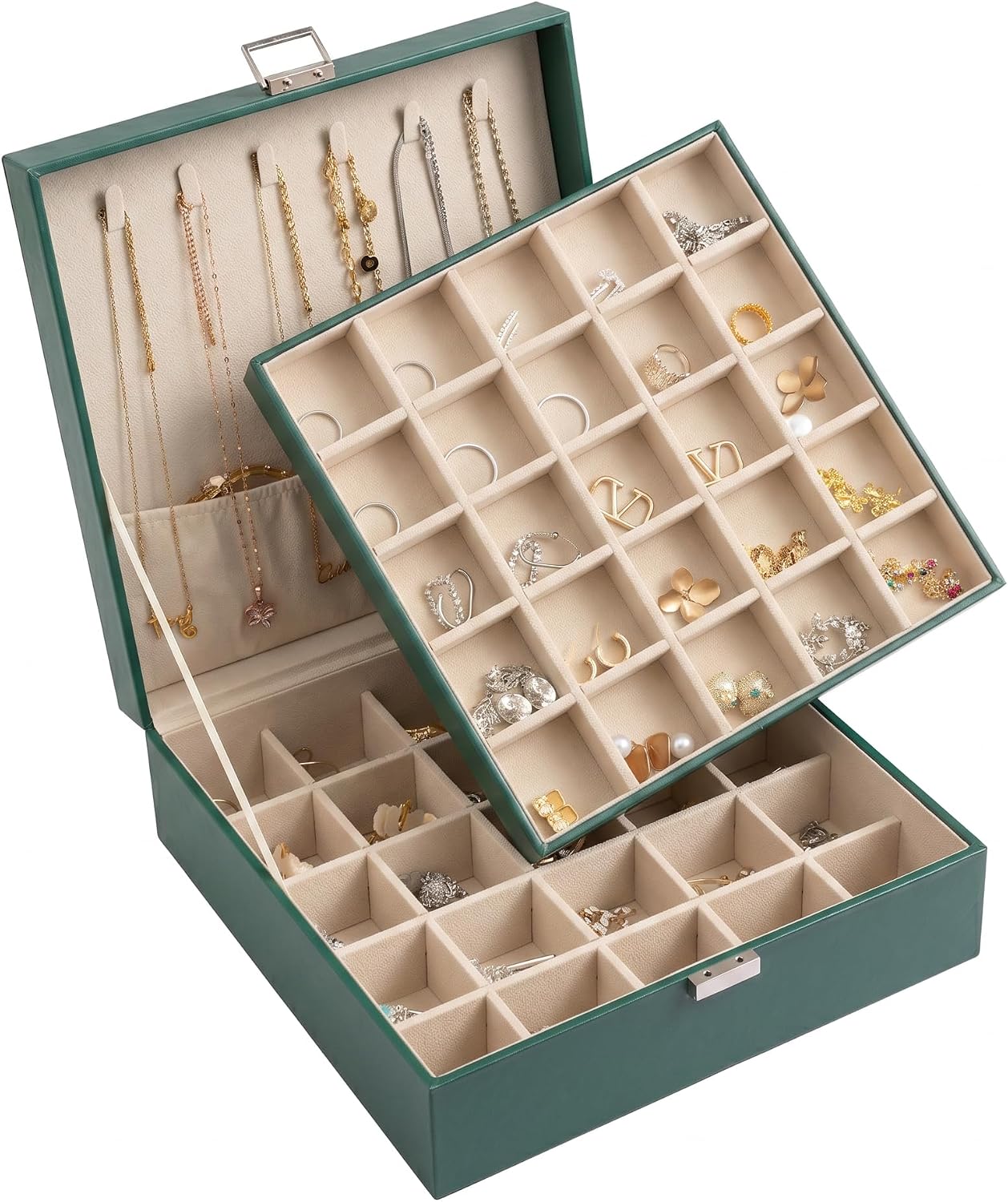 Organiz. aretes joyero 50 ranuras doble capa 6 ganchos verde