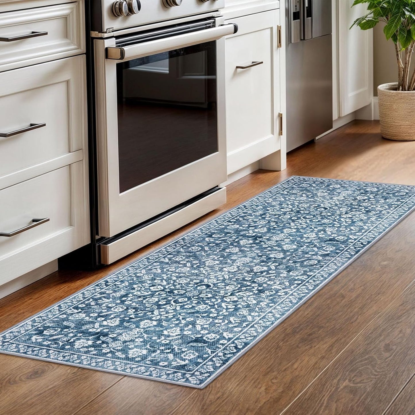 Alfombra pasillo 2x6ft color azul blanco antiderrap lavable