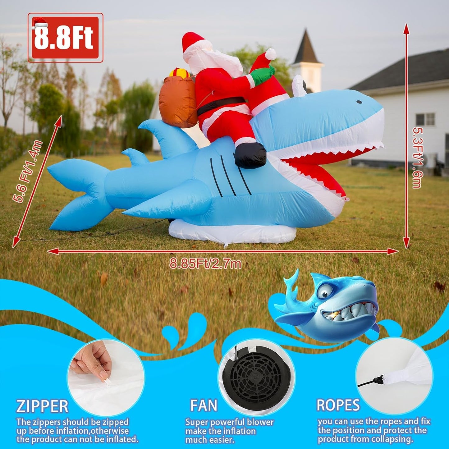 Inflable Santa tiburón 8.8pulg L 5.3pulg H decoración