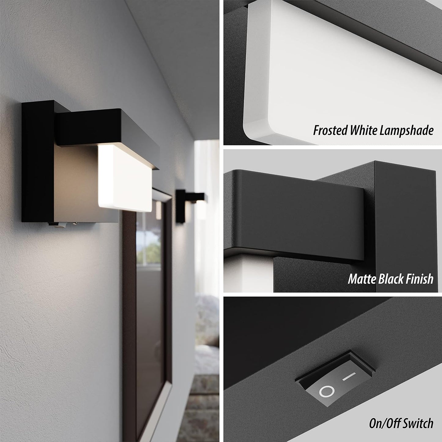 Aplique pared negro LED 8pulg interruptor 4000K