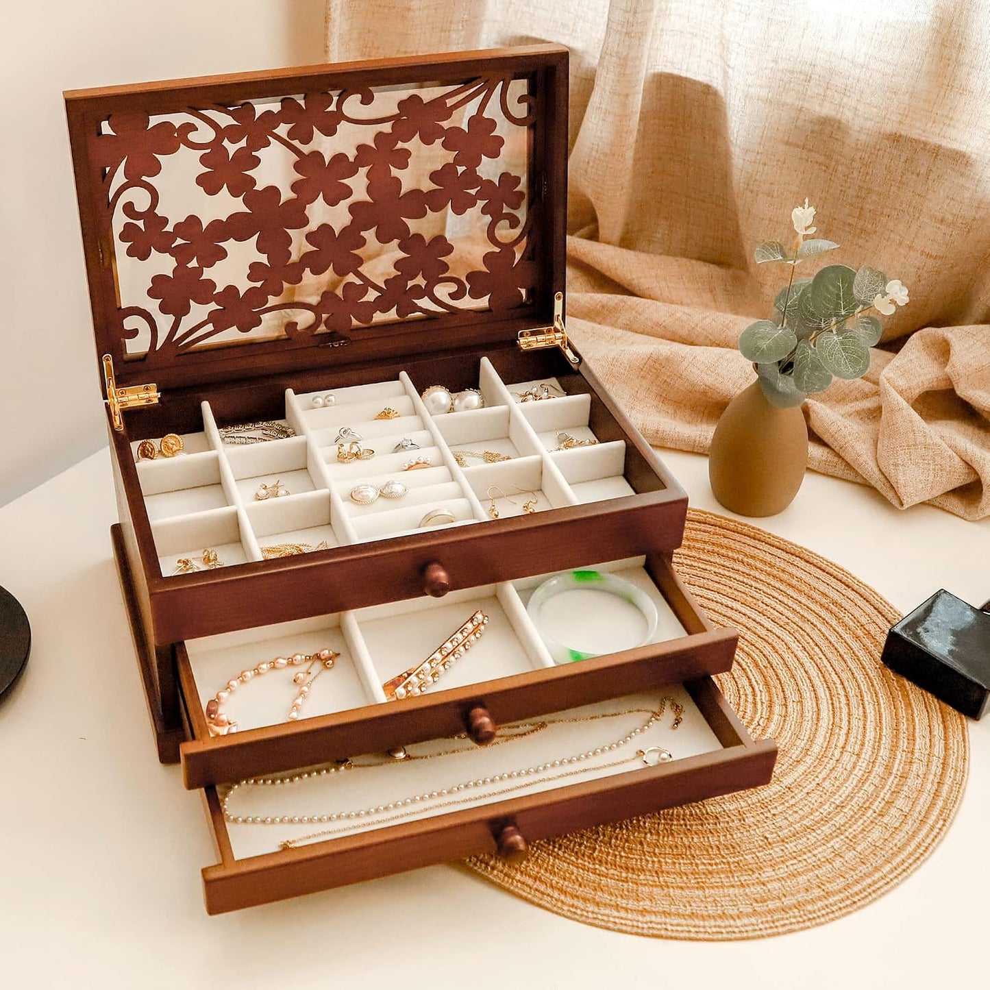 Caja de madera para joyas 3 capas organizadora