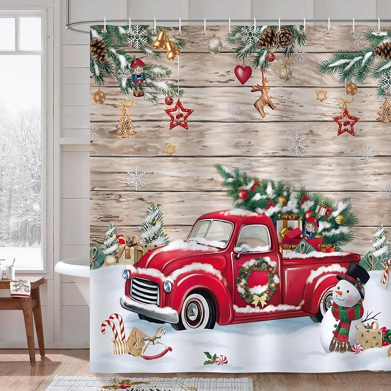 Cortina ducha camión rojo navidad 72x72pulg poliéster