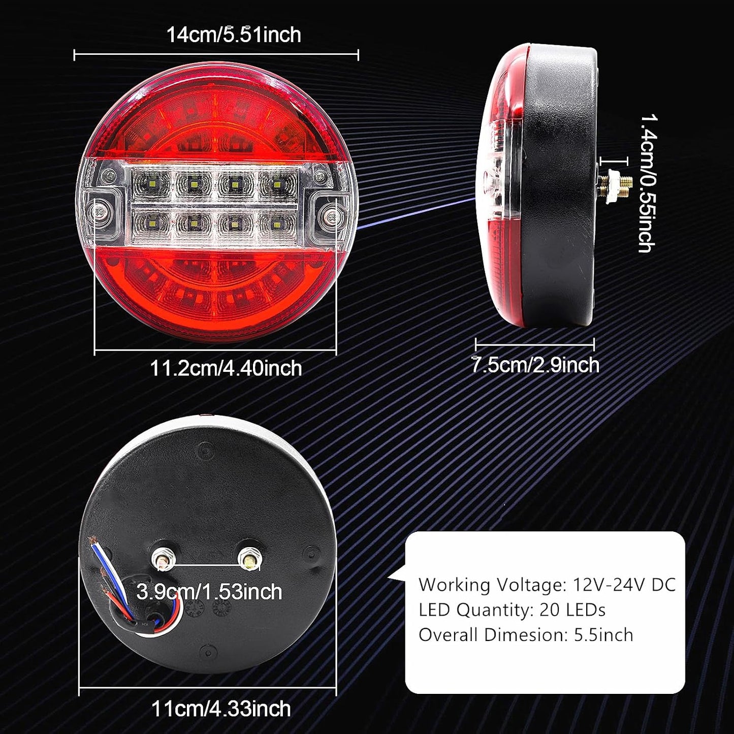 2 Luces traseras LED redondas para remolque 20 LED